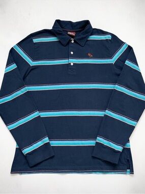 Hollister Navy Long-Sleeve Polo with Teal & White Stripes